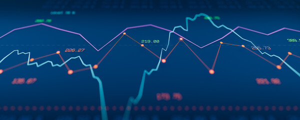 Obraz premium Blue screen with stock market chart, graphics, financial data and a range from 70% to 30%. Investment strategy, financial advisor, exchange, financial market, volatility, risk analysis.