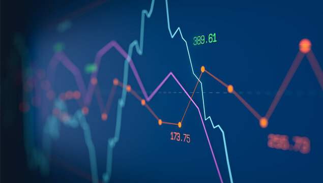 Blue screen with stock market chart, graphics, financial data and a range from 70% to 30%. Investment strategy, financial advisor, exchange, financial market, volatility, risk analysis.