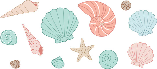 Pastel Seashell and Starfish Vector Collection with Scallops, Nautilus, and Conches for Summer Beach Wedding Invitations, Coastal Decor, and Marine Life Designs © Yousuf