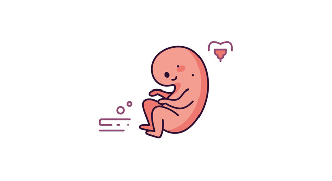 Cute cartoon embryo with DNA strand and medical icon on white background