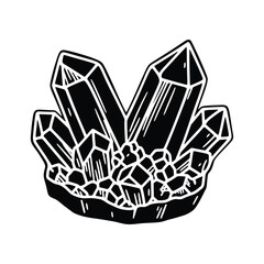 Crystal cluster hand-drawn illustration in black and white line art style