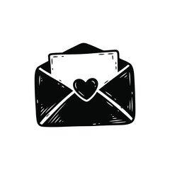 Open envelope with love letter and heart hand-drawn doodle sketch isolated on white