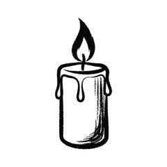 Burning candle with flame and dripping wax hand-drawn sketch illustration isolated on white