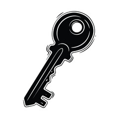 Black key illustration isolated on white as a graphic icon or sticker in a hand-drawn bold style