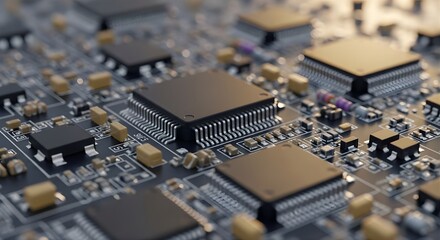 Fototapeta premium Close-up of computer circuit board with microchips and electronic components, blurred background, cinematic macro photography.