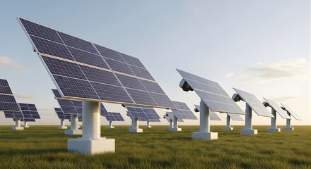Solar Panels Tracking Sunlight Outdoors Renewable Energy Farm Field Cinematic 3D Rendering Concept Background