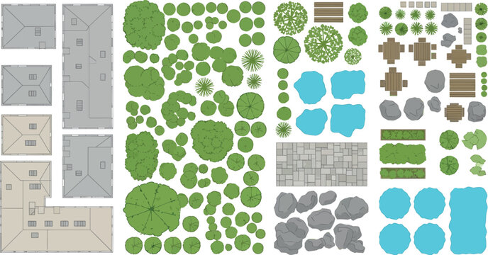 Top View Map Elements Vector Set &ndash; Buildings, Trees, Rocks, Water and Landscape Design Assets