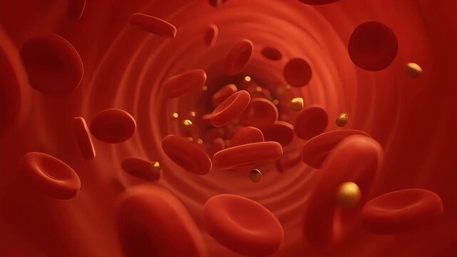 Red blood cells flowing through a vein with platelets.