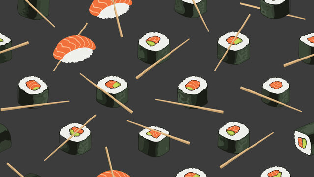 Delicious sushi seamless pattern displays various types of maki rolls and salmon nigiri paired with wooden chopsticks on a dark background.