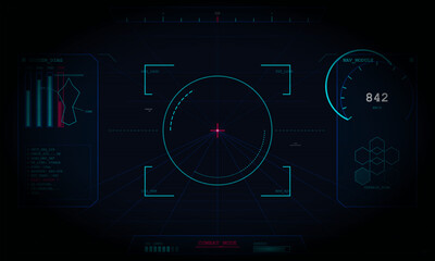 Obraz premium A futuristic head-up display interface featuring a central targeting reticle, digital gauges, and system diagnostic data in cyan and red colors on a dark blue background for a cockpit view.