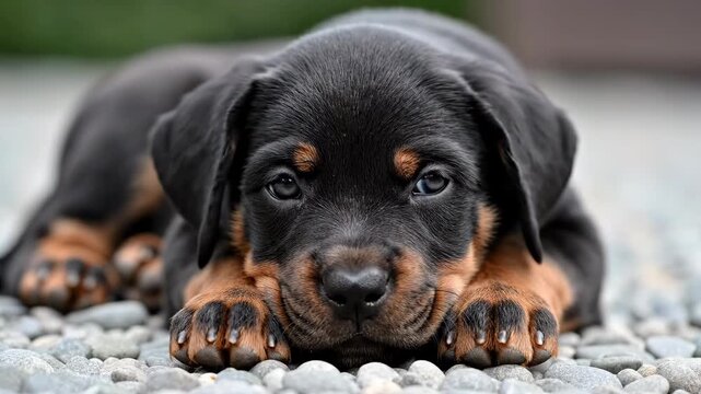 Adorable Rottweiler Puppy Resting on Gravel Close-Up Portrait.