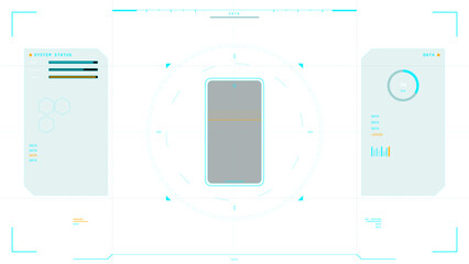 This high-tech heads-up display features a central mobile phone graphic with various data metrics, system status indicators, and circular scanning elements on a clean white background.