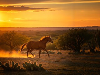 Wild Horse Galloping in Golden Sunset Light Kicking Up Dust