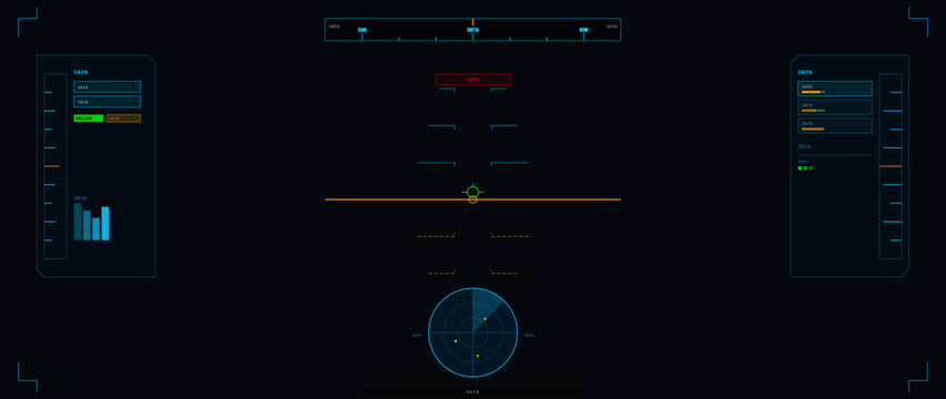 This futuristic digital head-up display interface features a central crosshair, radar, and side panels with data graphs and bars on a dark background for a sci-fi aircraft cockpit view.