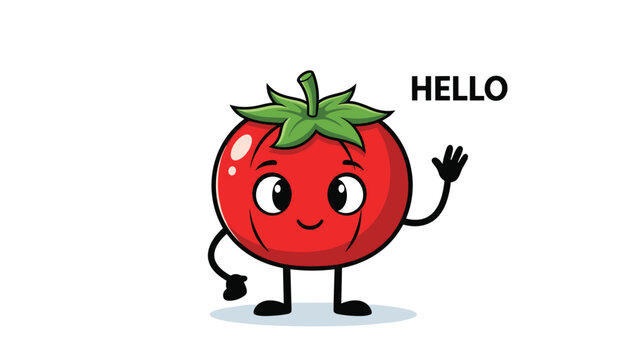 Friendly red tomato character with a green stem is shown waving its hand and saying hello with a big smile in a cute cartoon style.