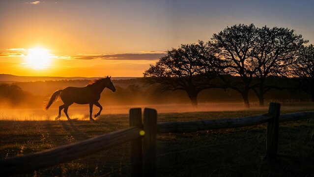 Majestic Horse Silhouette Trotting in Golden Sunset Field with Dust