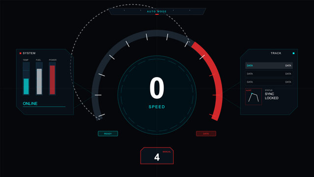 A futuristic digital dashboard interface featuring a central speedometer showing zero speed, system status bars for temperature and fuel, and a track data panel on a dark background.