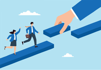 Obraz premium Flat illustration of business team crossing gap as giant hand places final bridge block to overcome challenge with leadership support.