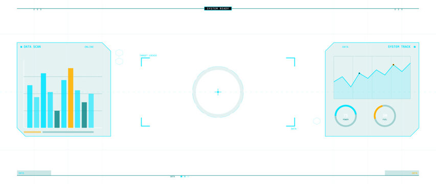 This futuristic digital head-up display interface features data scan bar charts, system tracking line graphs, and circular power gauges on a clean white background with a central reticle.