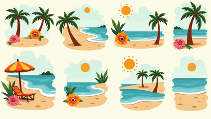 A serene illustration depicting a beach with a sun umbrella and lounge chair. Perfect for conveying themes of vacation, leisure, and summertime escape © mita