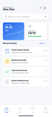 Obraz premium This mobile app user interface displays a dashboard with data visualization cards for views and tasks, followed by a chronological list of recent activity and notifications.