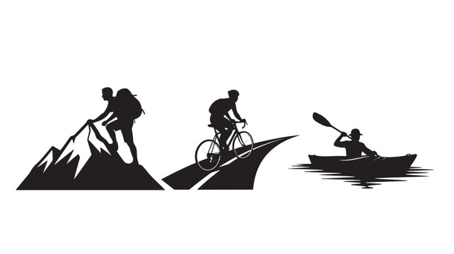 Outdoor adventure icons with hiker climbing mountain, cyclist on road, and kayaker paddling on water silhouette set