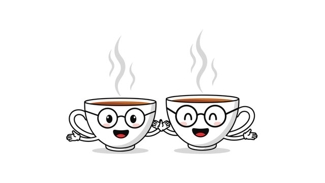 Two friendly cartoon coffee cup characters with spectacles and big smiles giving each other a high five on a white background.
