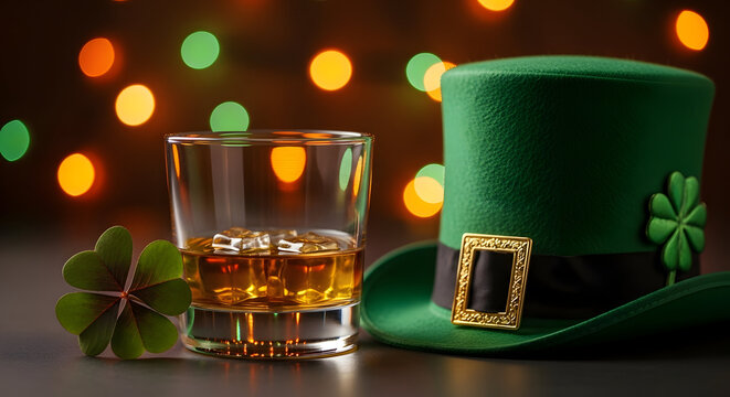 St patrick's day celebration with whiskey and leprechaun hat