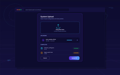 A digital interface displays a system upload window with a drag and drop zone, file progress bars, and status indicators for various data packets and configuration files.