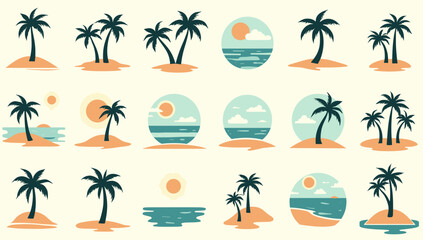 A relaxing and vibrant tropical pattern featuring palm trees, islands, and a sun. Ideal for backgrounds, summer themes, and travel-related content. Ev © mita
