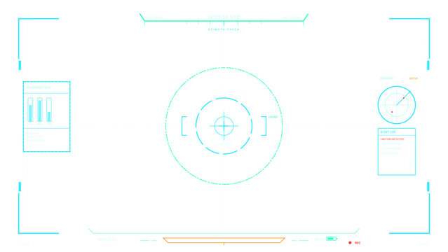 This minimalist sci-fi user interface includes a central crosshair, radar tracking, and system diagnostics. The cyan and orange graphics are set against a plain white backdrop.