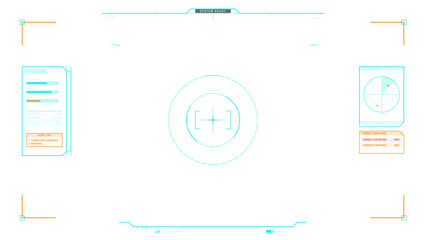 A futuristic digital heads-up display interface featuring a central reticle, radar scan, system status bars, and threat analysis data on a clean white background for a sci-fi look. © Антон Сальников