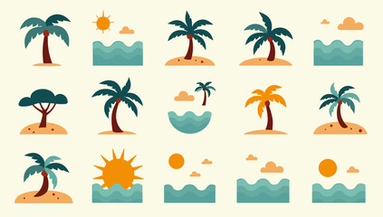 A vibrant, minimalist illustration of palm and other tropical trees. Perfect for backgrounds, travel themed designs, or conveying a relaxed, summery m
