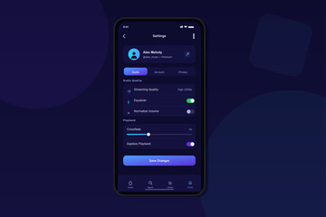 A mobile phone screen shows a music player settings menu with audio quality and playback controls. The user interface has a modern dark theme with blue and purple accents.