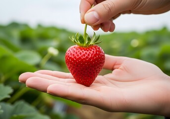 Hand holding fresh strawberry in field