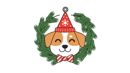 Cute dog face centered in a green Christmas wreath wearing a festive red hat with a snowflake and a striped bow tie on white.