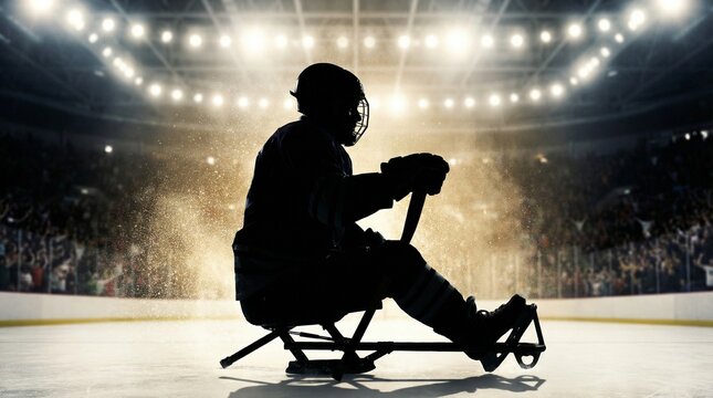 Paralympic athlete in action on sled, playing adaptive ice hockey in a crowded arena, captured from a dramatic side viewpoint