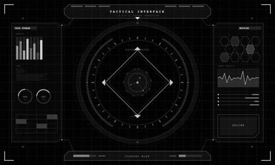 Fototapeta premium A futuristic tactical interface display featuring a central radar scanner, data stream metrics, signal analysis graphs, and system status modules on a dark grid background.