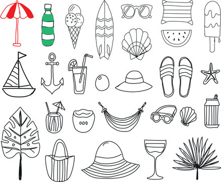 A delightful collection of hand-drawn black and white outline doodle icons representing various summer vacation and beach essentials, featuring items such as a classic striped beach umbrella, a refres