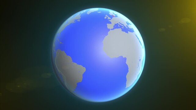 The animation shows a graphic representation of the earth and highlights the location and map of Denmark colored red.