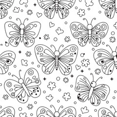 Black and white illustration of butterflies and flowers on a white background with intricate designs and patterns