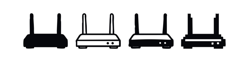 Obraz premium Wireless router icons with front panel details. Black and white network device symbols.