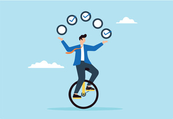 Flat illustration of businessman juggling checkbox while balancing on unicycle symbolizing task management and productivity © Nasima