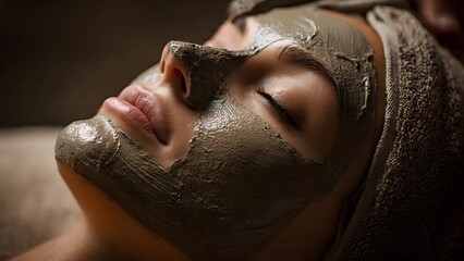 Naklejka premium A serene young woman enjoying a professional organic clay facial mask treatment at a luxury spa for deep skin purification, rejuvenation, and total body wellness.