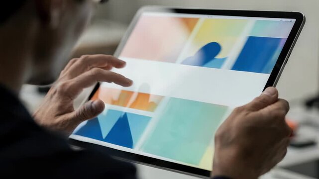 Focused view of a designers fingers rotating a sports section headline on a tablet displaying a vibrant frontpage layout background blurred for emphasis.