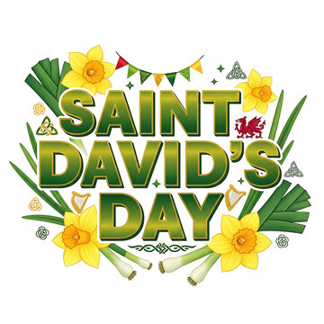 Saint david's day text with welsh symbols, daffodils, leeks, and harps