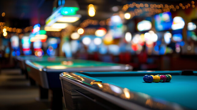 Retro-futuristic gaming lounge featuring pool tables, vibrant environment with neon lights, various gaming consoles creating lively atmosphere, defocused background, with copy
