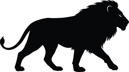 Strong male lion silhouette vector illustration walking in side view, powerful king of jungle icon with mane and tail for wildlife nature branding design © Hey there