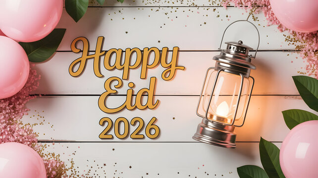 Happy new year 2026 celebration with pink balloons and light