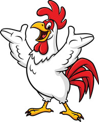 Cheerful cartoon rooster character with white feathers and red comb standing in a welcoming pose with open wings isolated on a white background. © Ramadan's World